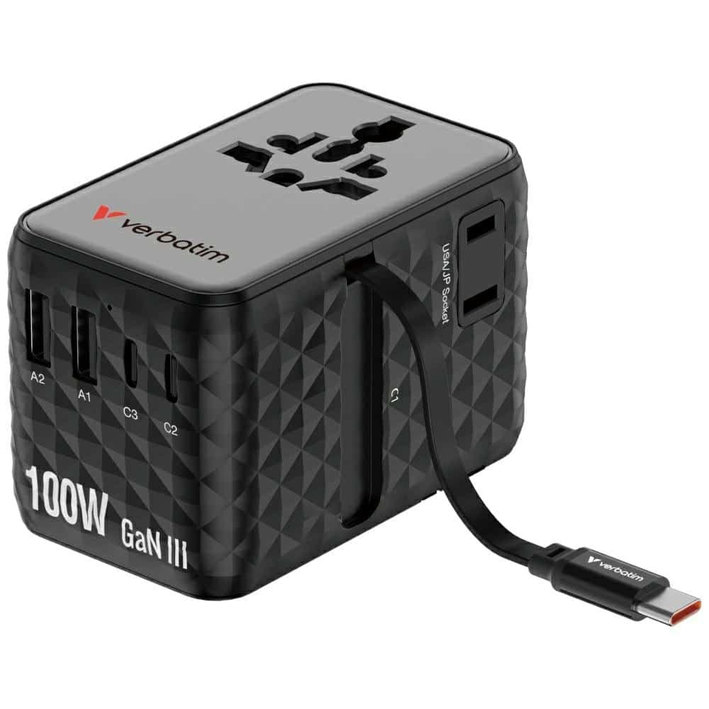 Verbatim Αντάπτορας Ταξιδίου Eu/uk/us Gan Με 2xusb-C/2xusb-A/1xusb-C Pd 100w Μαύρος 30191