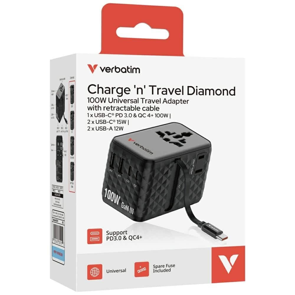 Verbatim Αντάπτορας Ταξιδίου Eu/uk/us Gan Με 2xusb-C/2xusb-A/1xusb-C Pd 100w Μαύρος 30191 7