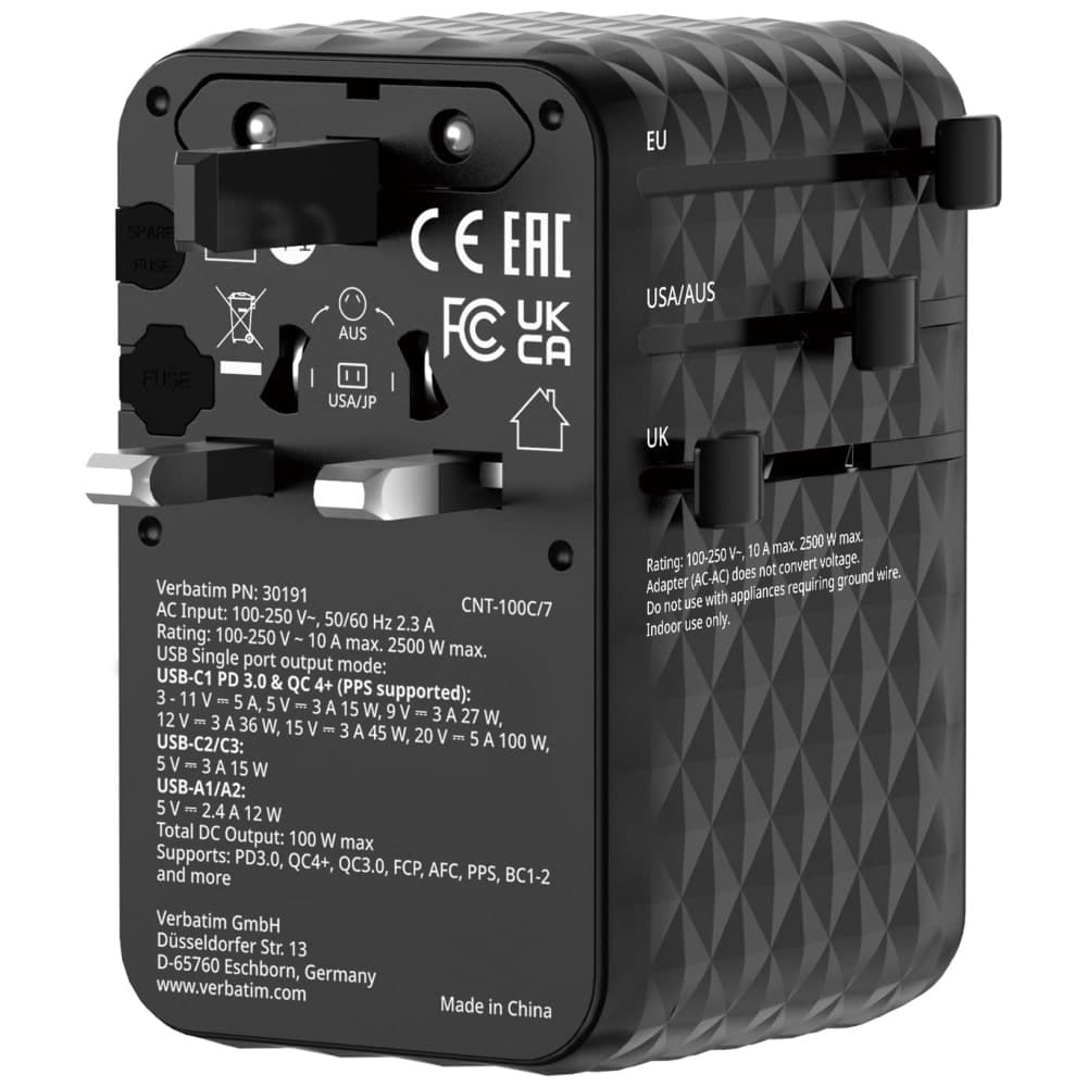 Verbatim Αντάπτορας Ταξιδίου Eu/uk/us Gan Με 2xusb-C/2xusb-A/1xusb-C Pd 100w Μαύρος 30191 5