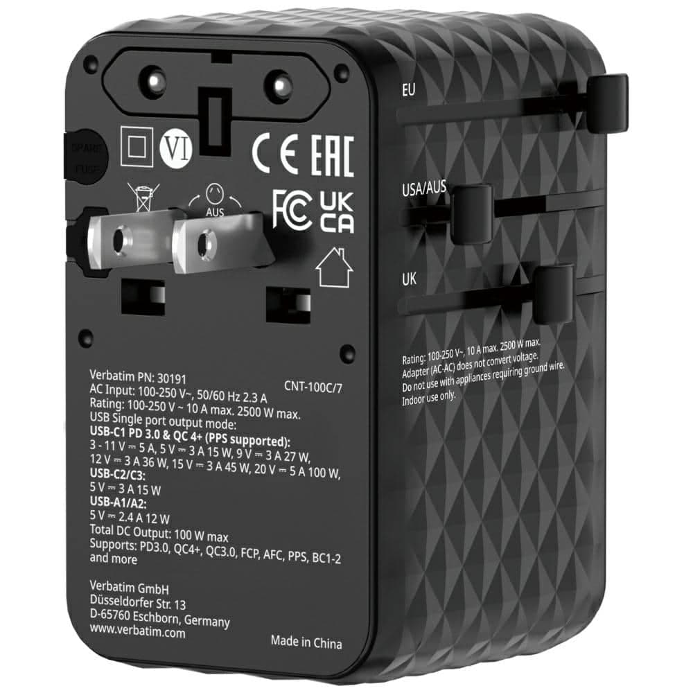 Verbatim Αντάπτορας Ταξιδίου Eu/uk/us Gan Με 2xusb-C/2xusb-A/1xusb-C Pd 100w Μαύρος 30191 6