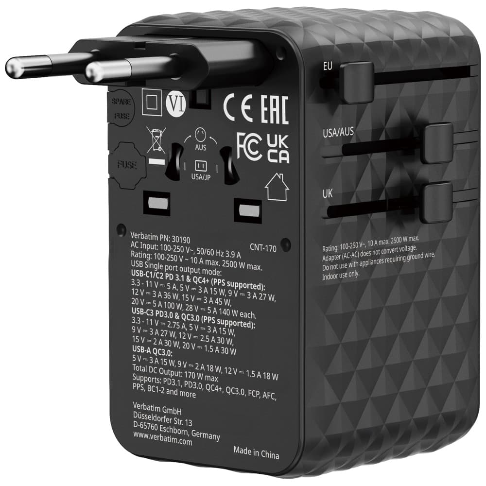 Verbatim Αντάπτορας Ταξιδίου Eu/uk/us Gan 2xusb-A/3xusb-C Pd 170w Μαύρος 30190 2