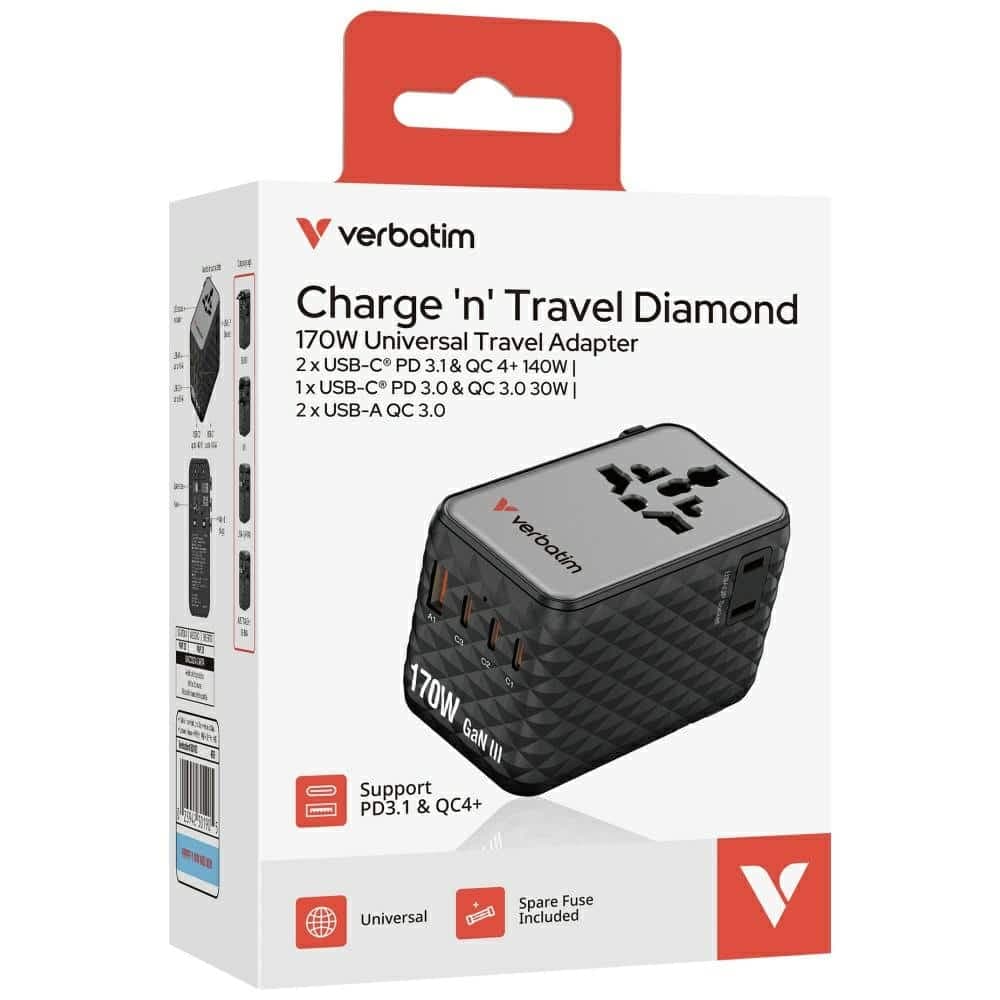 Verbatim Αντάπτορας Ταξιδίου Eu/uk/us Gan 2xusb-A/3xusb-C Pd 170w Μαύρος 30190 5