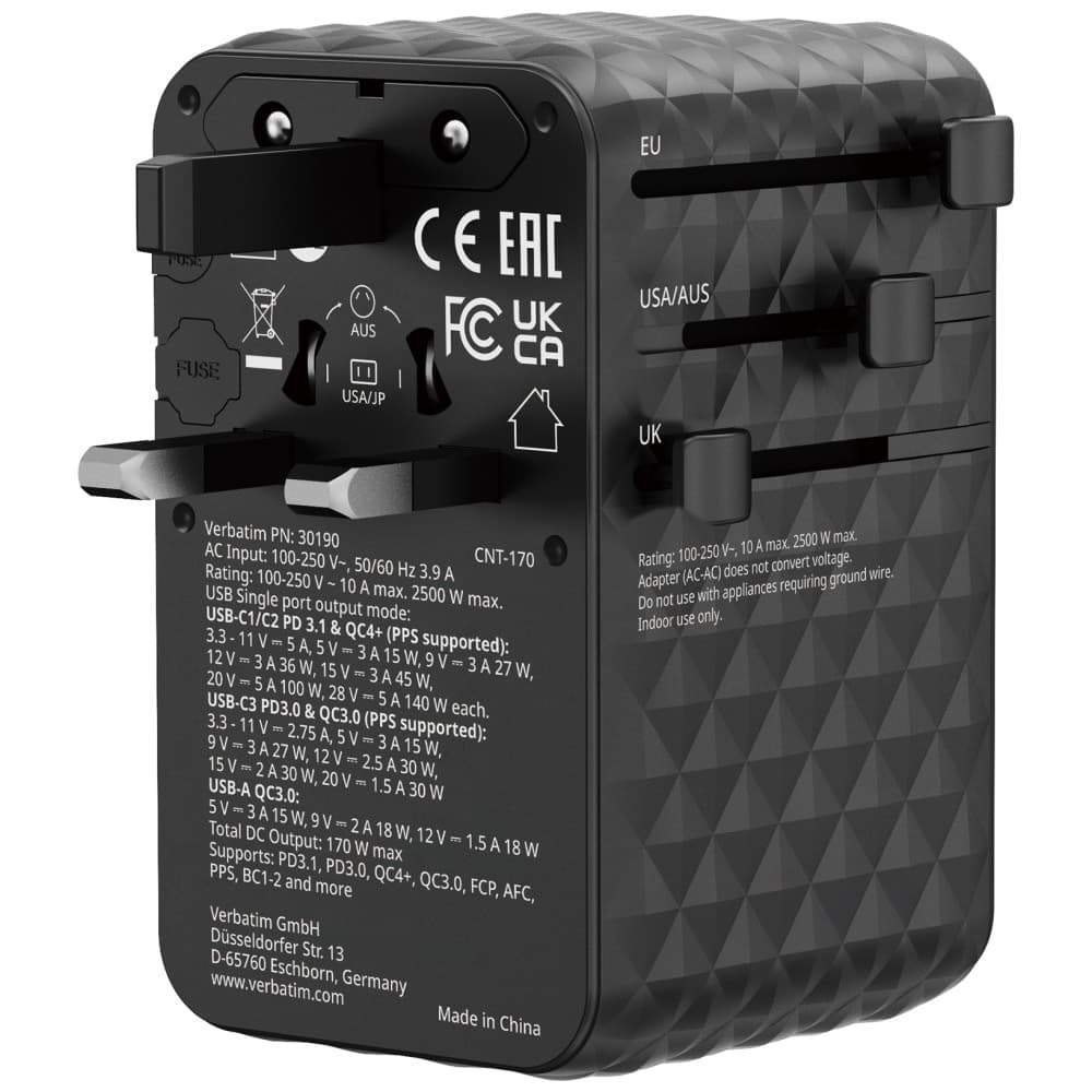 Verbatim Αντάπτορας Ταξιδίου Eu/uk/us Gan 2xusb-A/3xusb-C Pd 170w Μαύρος 30190 3