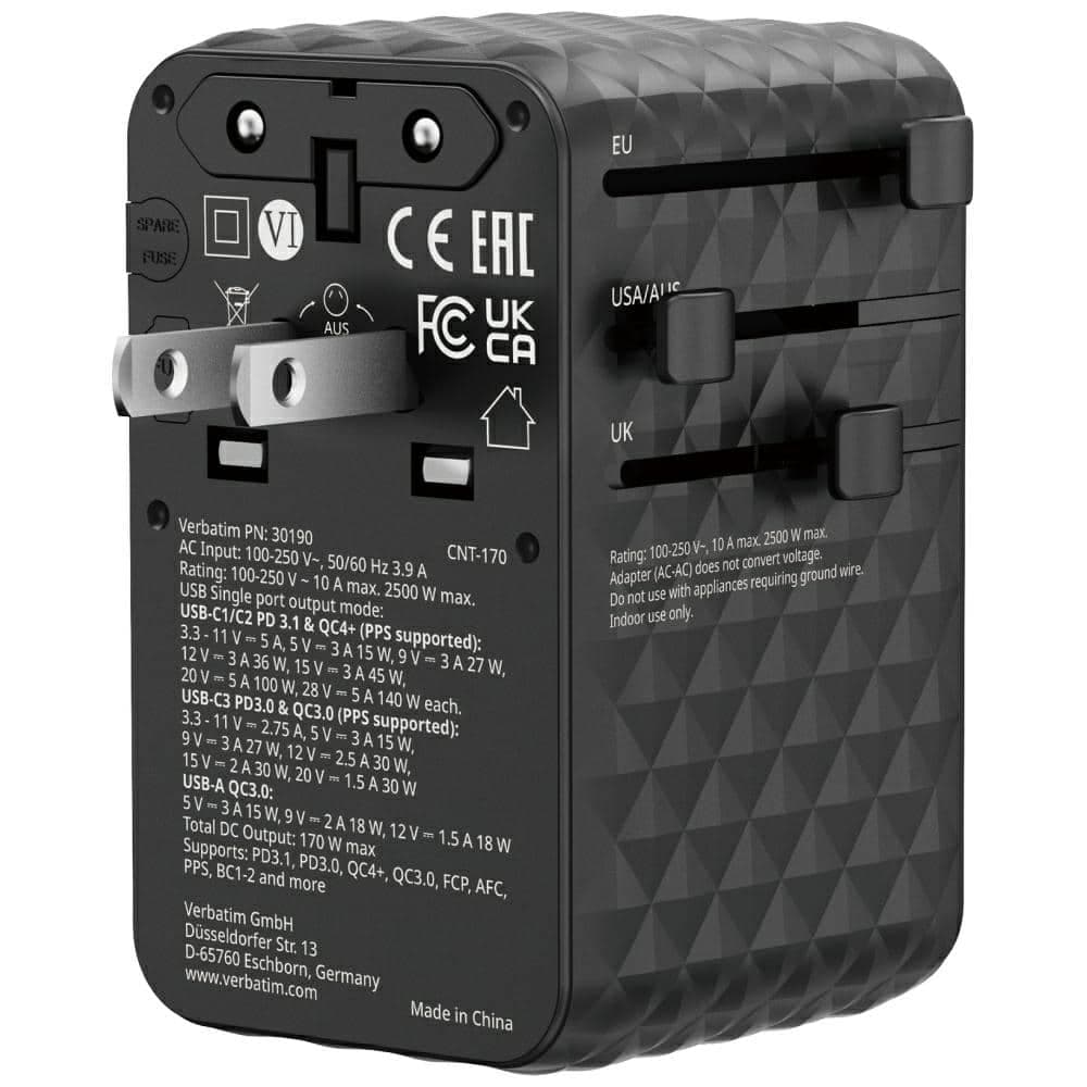 Verbatim Αντάπτορας Ταξιδίου Eu/uk/us Gan 2xusb-A/3xusb-C Pd 170w Μαύρος 30190 4