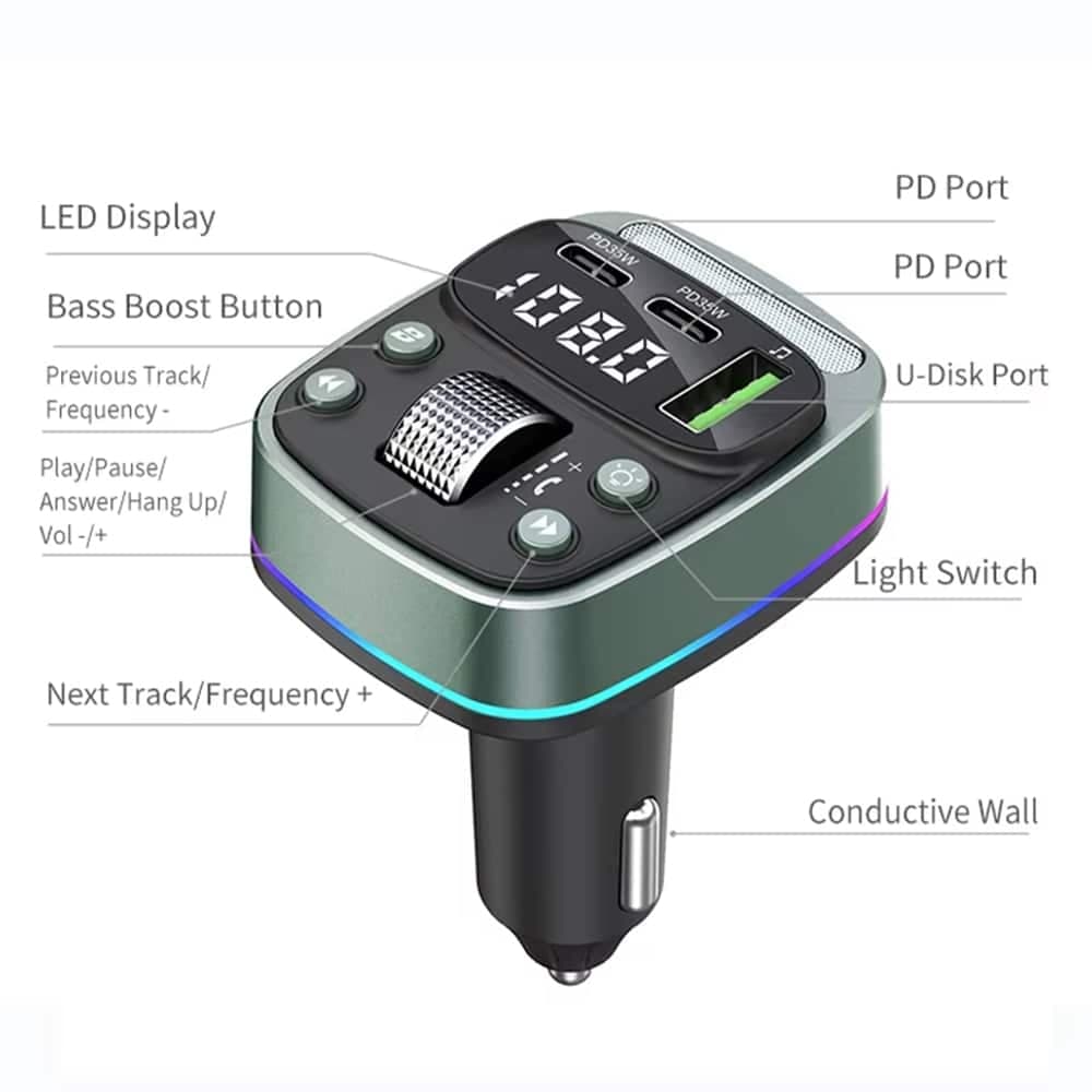 Techsuit - Fm Modulator Echodrive (mfm3) - Διπλή Pd35w, Bluetooth V5.4, U-Disk Για Μουσική, Ρύθμιση Μπάσου - Μαύρο 5