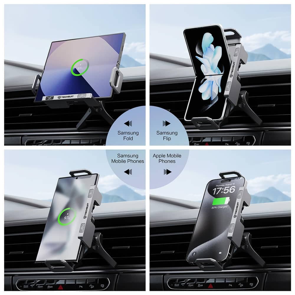 Techsuit - Premium Βάση Αυτοκινήτου Με Ασύρματη Φόρτιση Mododock (sw1) - Για Αεραγωγούς, Εξυπνη Ροπή 90°, 15w - Μαύρη 5
