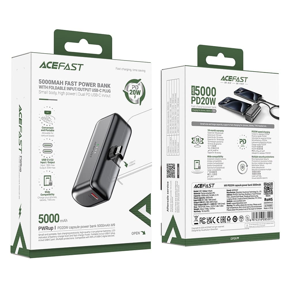 Acefast - Power Bank (m9-5000) - 2x Type-C, Pd20w, 5000mah, Led Indicator, Folding Plug, With Type-C Καλώδιο, 0.3m - Black 7
