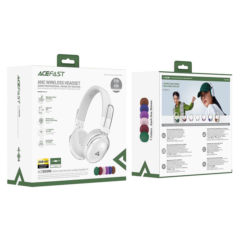 Acefast - Wireless Headset (h7) - Type-C, Bluetooth 5.4, Active Noise Reduction, Ip54, 500mah, Hi-Fi Sound - Pearl White 7