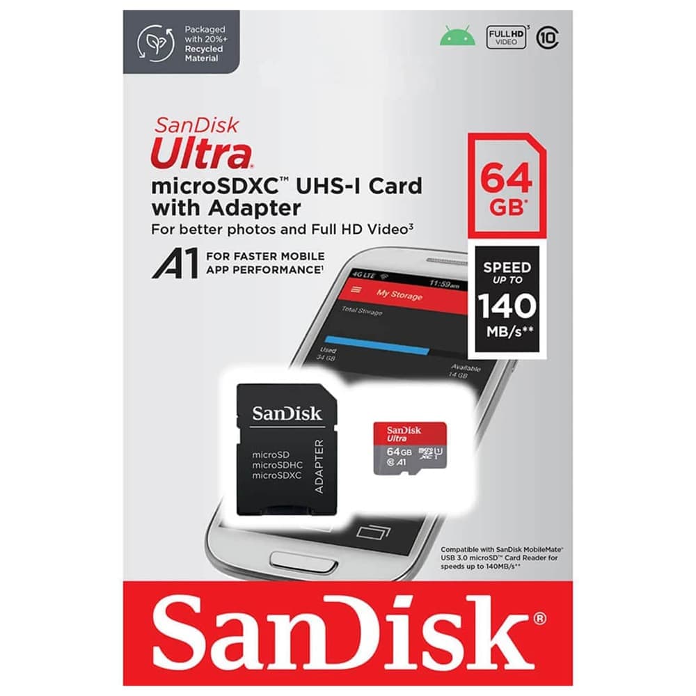 Sandisk - Κάρτα Μνήμης Ultra (sdsquab-064g-Gn6ma) - MicroSDXC Με Αντάπτορα, 64gb, Class 10, 140mb/s, Uhs-I U1 - Κόκκινο / Γκρι 4