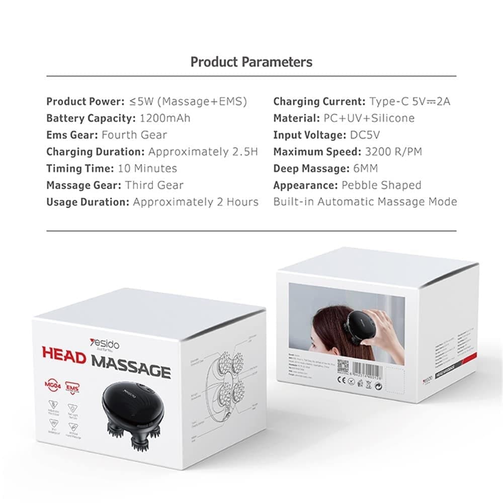 Yesido - Handheld Head Massager (mg04) - With 4 Gear Head Scratcher, Electrical Muscle Stimulation, 1200mah, 3200rpm - Black 7