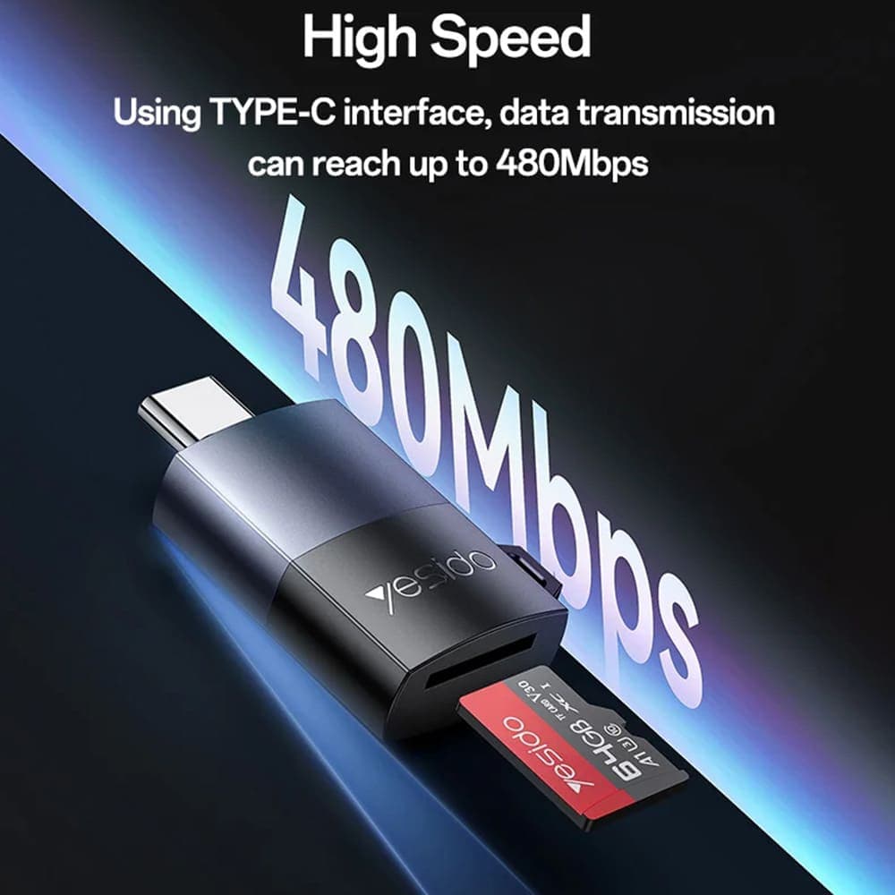 Yesido - Card Reader (gs37) - Type-C, High-Speed, Aluminum Alloy, Support 1tb, Plug And Play, Tf Card - Black 4