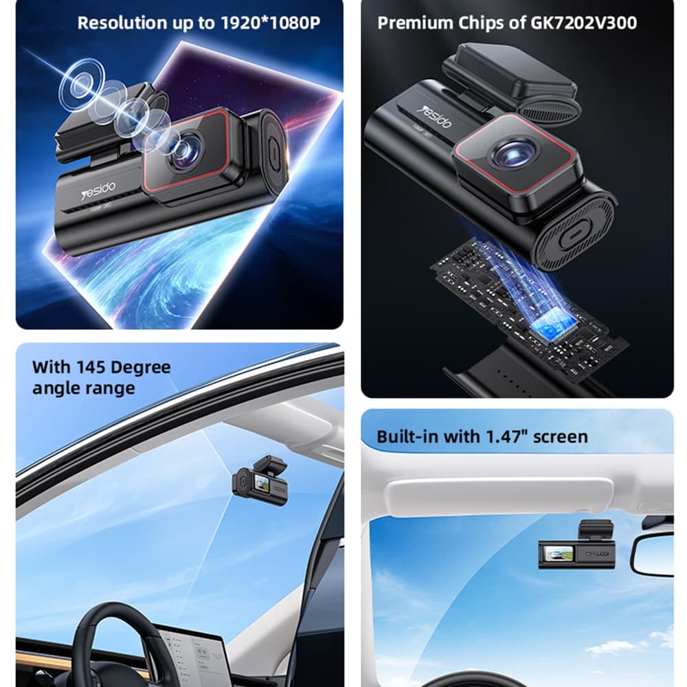 Yesido - Dash Camera (km21) - Full Hd 1080p, 145° Angle Range, 1.47" Ips Built-In Screen - Black 3