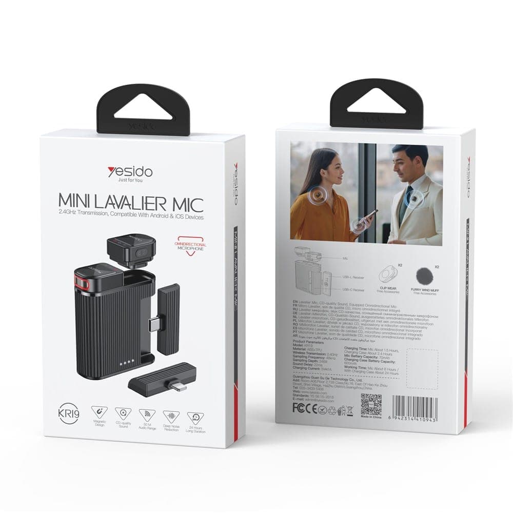 Yesido - Lavalier Microphone 2in1 (kr19) - Magnetic Button, Cd-Quality Audio, 360° Omnidirectional, 600mah, 2.4ghz - Black 12