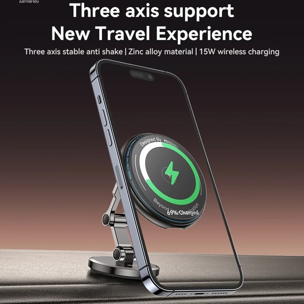 Yesido - Car Holder With Wireless Charging (c306) - For Dashboard, Three Axis Support, Anti Shake, Zinc Alloy, 15w - Black 2