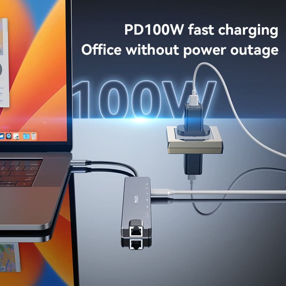 Yesido - Docking Station 8in1 (hb27) - Type-C To 2x USB, 2x USB-C, Hdmi, Rj45, Tf/sd, Pd100w, Fast Charge, 4k@30hz - Gray 3
