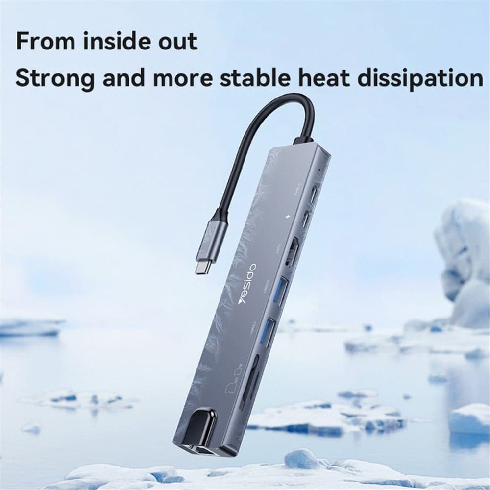 Yesido - Docking Station 8in1 (hb27) - Type-C To 2x USB, 2x USB-C, Hdmi, Rj45, Tf/sd, Pd100w, Fast Charge, 4k@30hz - Gray 5