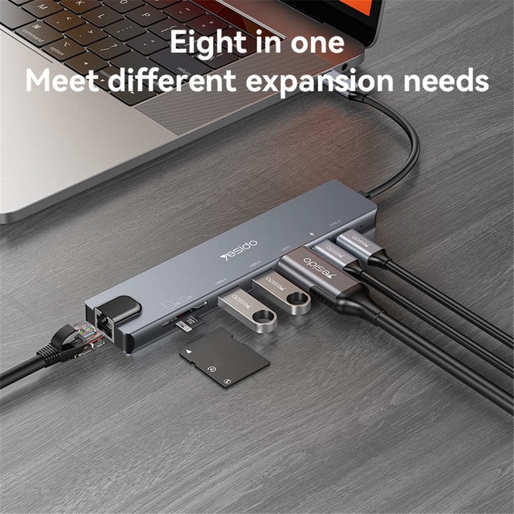 Yesido - Docking Station 8in1 (hb27) - Type-C To 2x USB, 2x USB-C, Hdmi, Rj45, Tf/sd, Pd100w, Fast Charge, 4k@30hz - Gray 4