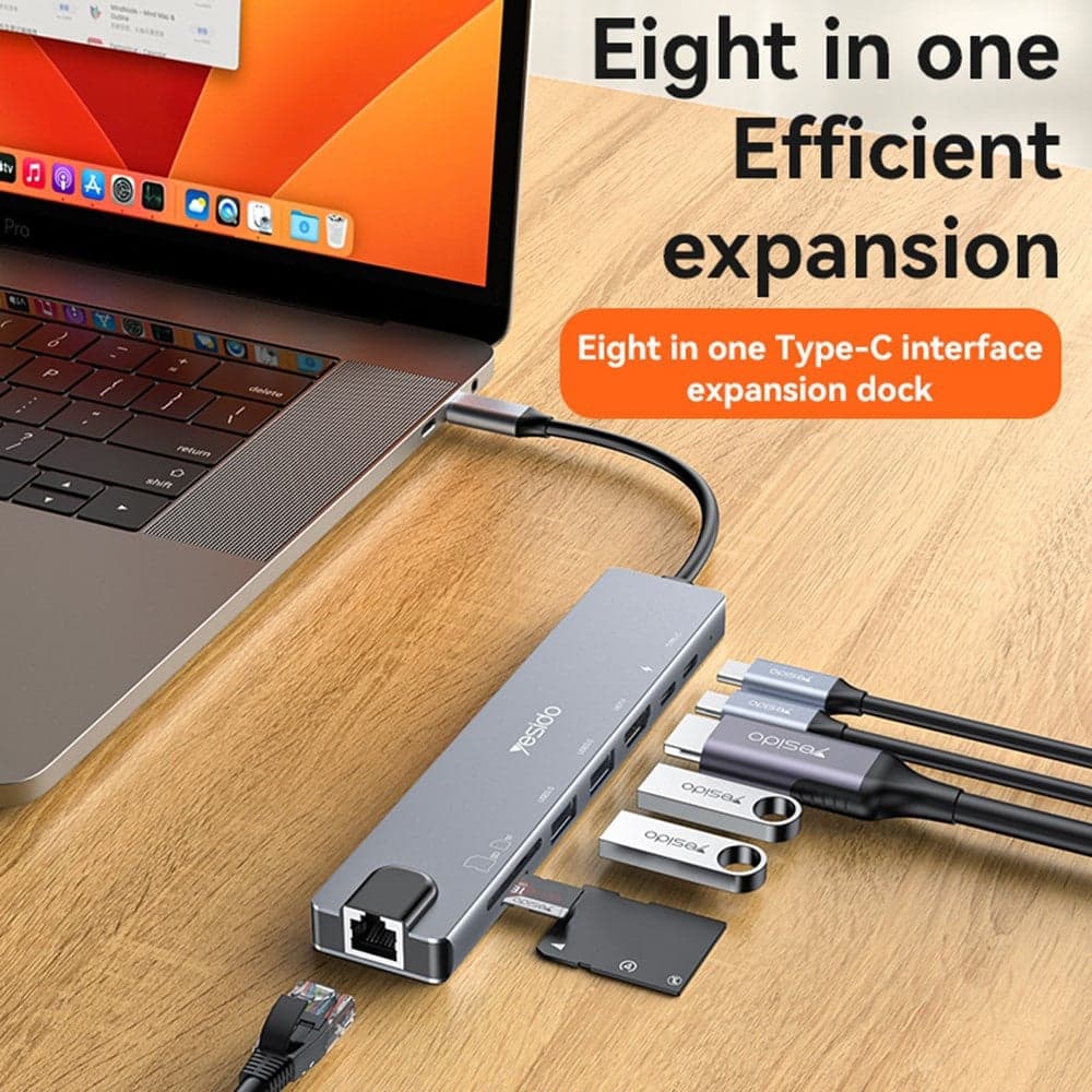 Yesido - Docking Station 8in1 (hb27) - Type-C To 2x USB, 2x USB-C, Hdmi, Rj45, Tf/sd, Pd100w, Fast Charge, 4k@30hz - Gray 2