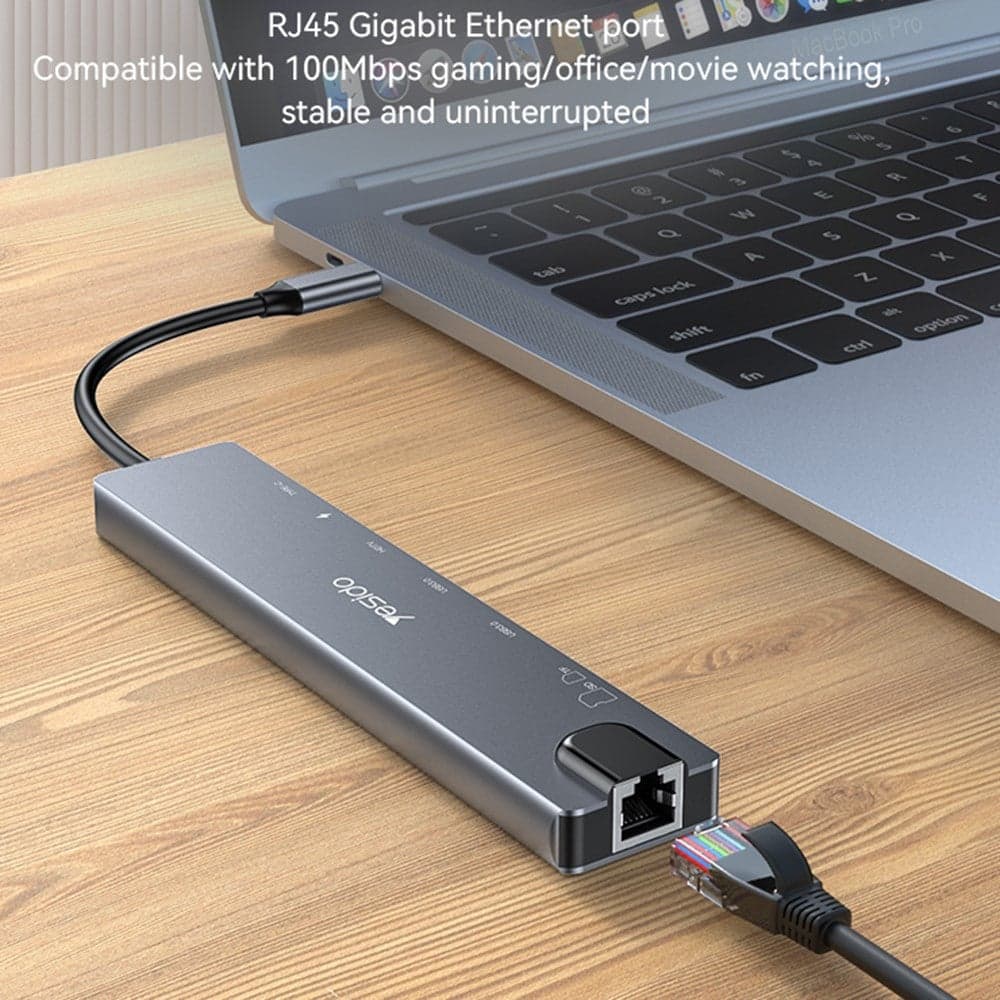 Yesido - Docking Station 8in1 (hb27) - Type-C To 2x USB, 2x USB-C, Hdmi, Rj45, Tf/sd, Pd100w, Fast Charge, 4k@30hz - Gray 6