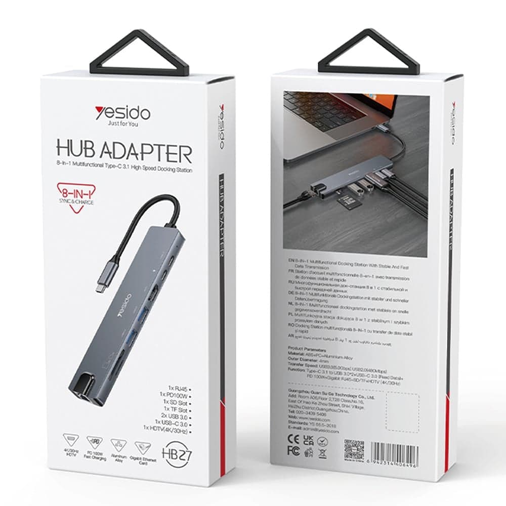 Yesido - Docking Station 8in1 (hb27) - Type-C To 2x USB, 2x USB-C, Hdmi, Rj45, Tf/sd, Pd100w, Fast Charge, 4k@30hz - Gray 8