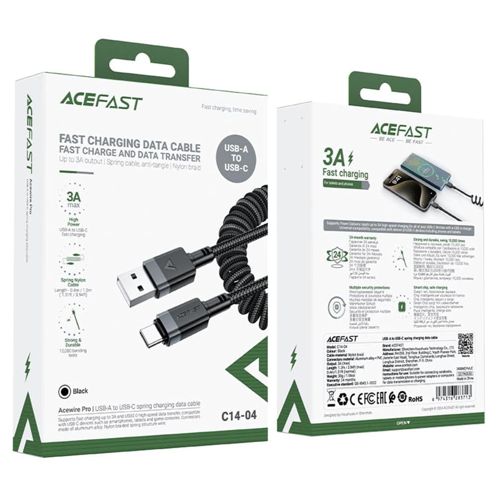 Acefast - Data Καλώδιο (c14-04) - Fast Charging, Usb To Type-C, Spring Design, 3a, Bend-Resistant, 1.2m - Black 7