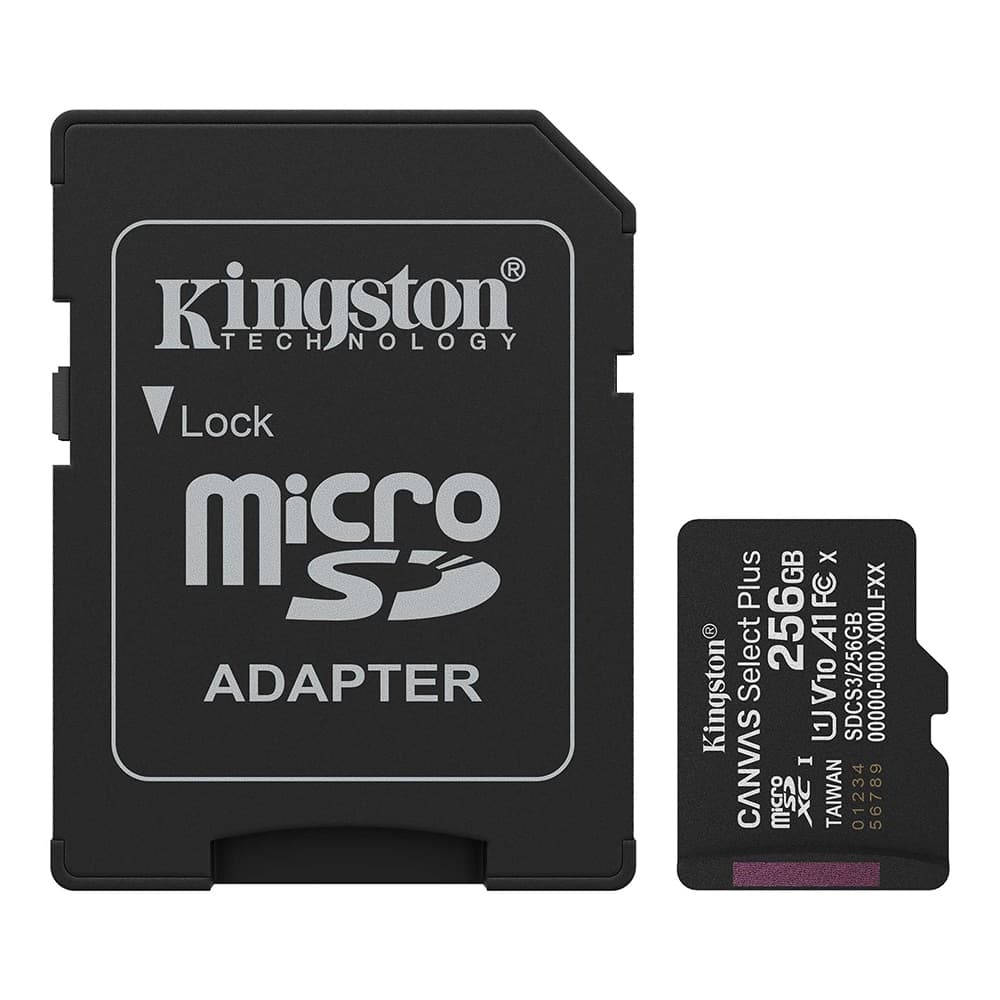 Kingston - Memory Card Canvas Select Plus (sdcs3/256gb) - MicroSDXC With Sd Adapter, 256gb, Class 10, Uhs-I, U1/u3, A1 - Black