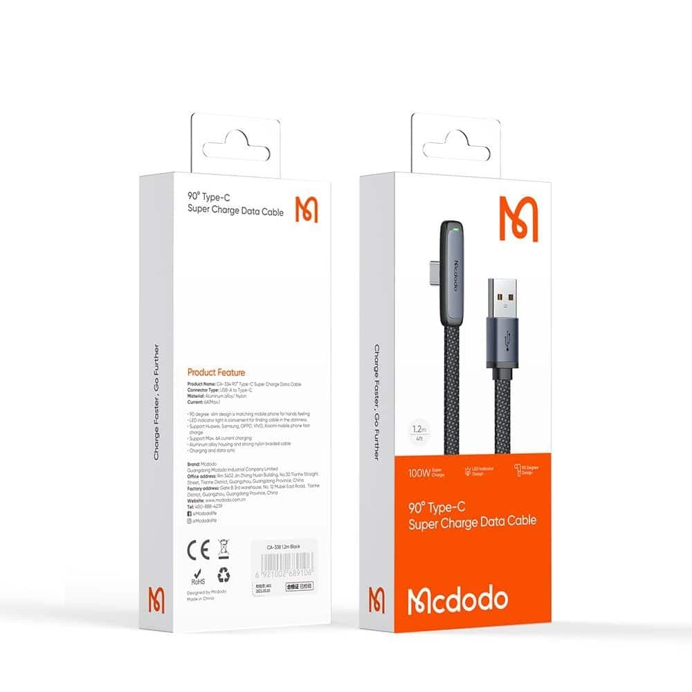 Mcdodo - Data Καλώδιο (ca-3340) - Usb-C To Usb-A, 90 Degree Design, 100w, Led Indicator, 1.2m - Black 7