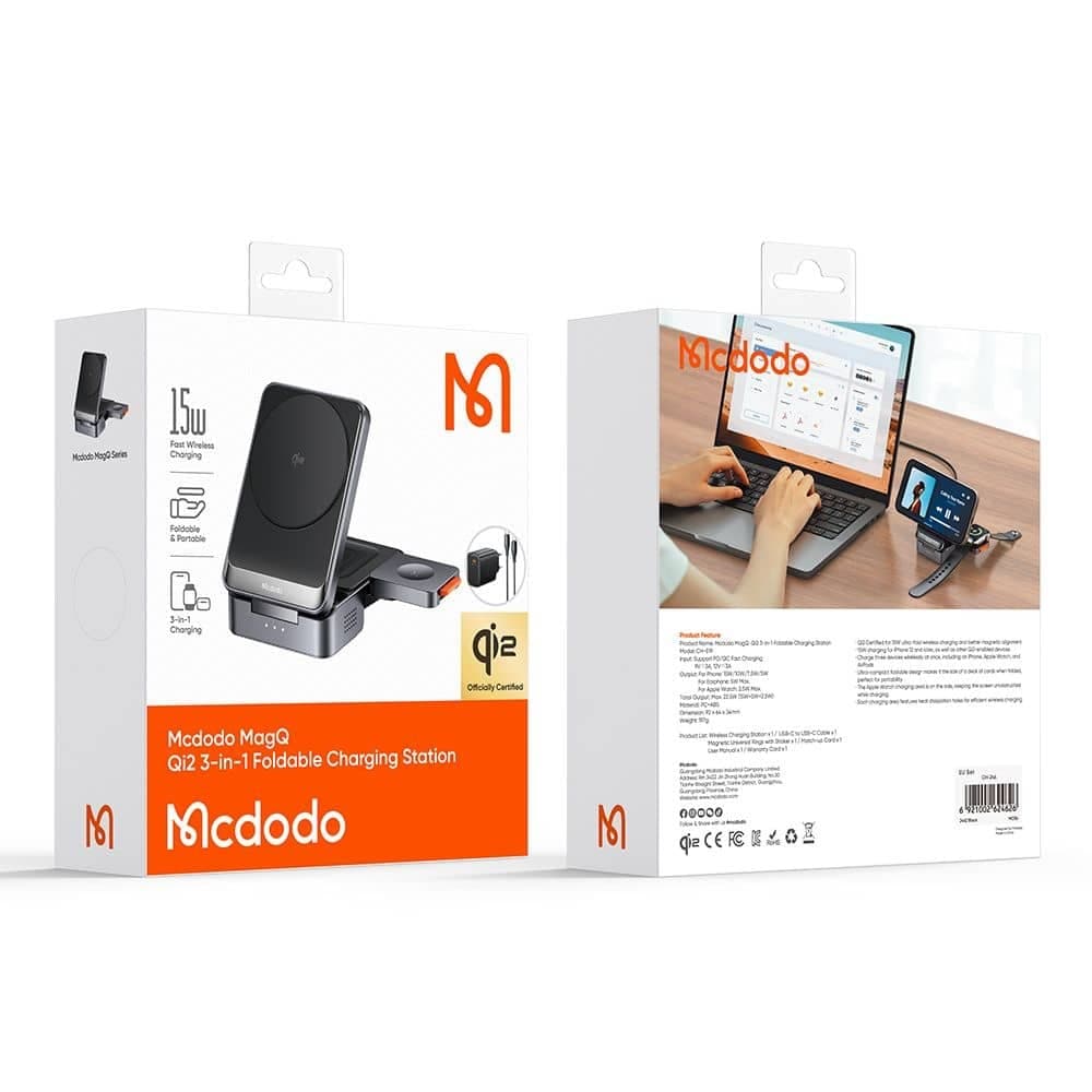 Mcdodo - Wireless Charging Station (ch-5192) - With Wall Charger + Type-C Καλώδιο, Qi2, 22.5w, Magq - Grey 7