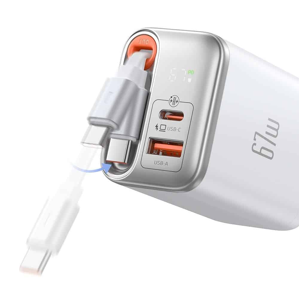 Mcdodo - Wall Charger Freego Series (ch-4103) - Built-In Usb-C Retractable Καλώδιο, Usb-A/c, 67w, Digital Display, 65cm - White 2