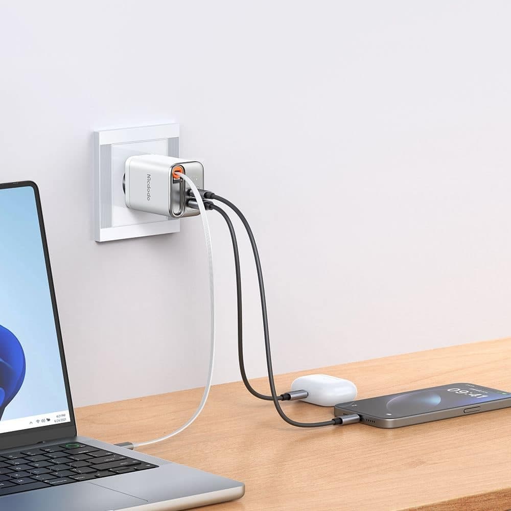 Mcdodo - Wall Charger Freego Series (ch-4103) - Built-In Usb-C Retractable Καλώδιο, Usb-A/c, 67w, Digital Display, 65cm - White 4
