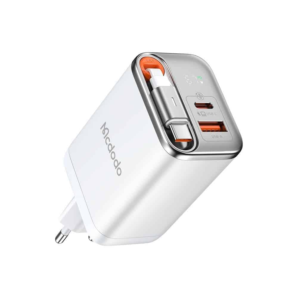 Mcdodo - Wall Charger Freego Series (ch-4103) - Built-In Usb-C Retractable Καλώδιο, Usb-A/c, 67w, Digital Display, 65cm - White