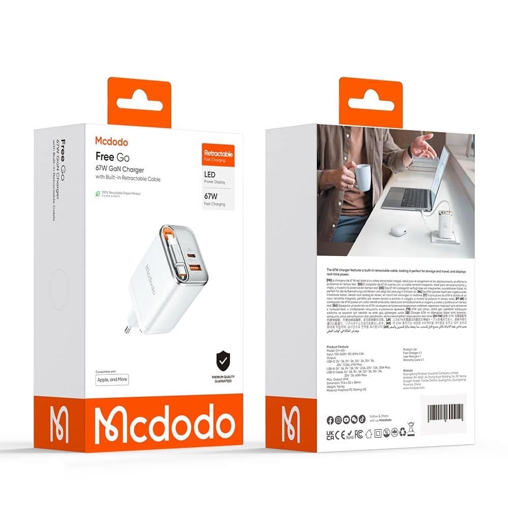 Mcdodo - Wall Charger Freego Series (ch-4103) - Built-In Usb-C Retractable Καλώδιο, Usb-A/c, 67w, Digital Display, 65cm - White 7