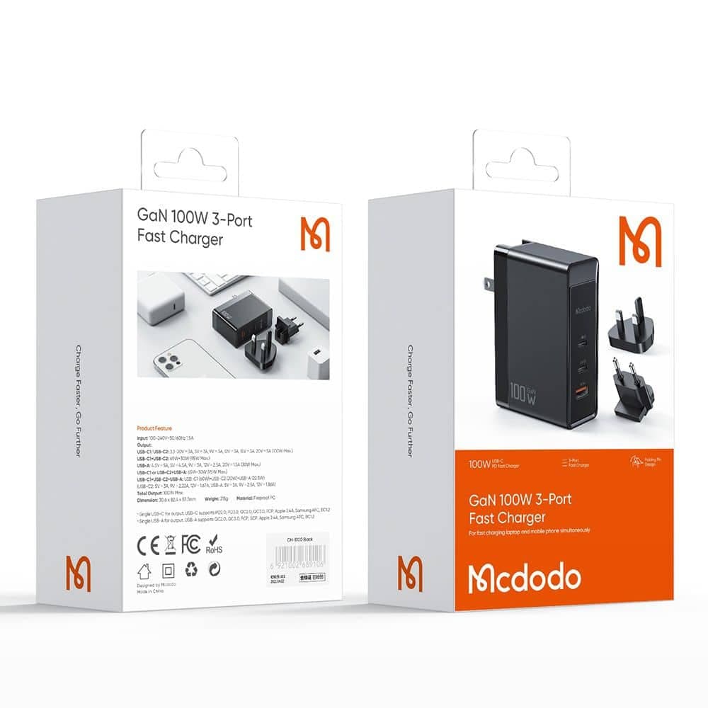 Mcdodo - Universal Travel Adapter Nuc Ar Power Series (ch-8101 Pro) - Uk/us/eu Plug, 2x Type-C, Usb-A, 100w, Gan - Black 7