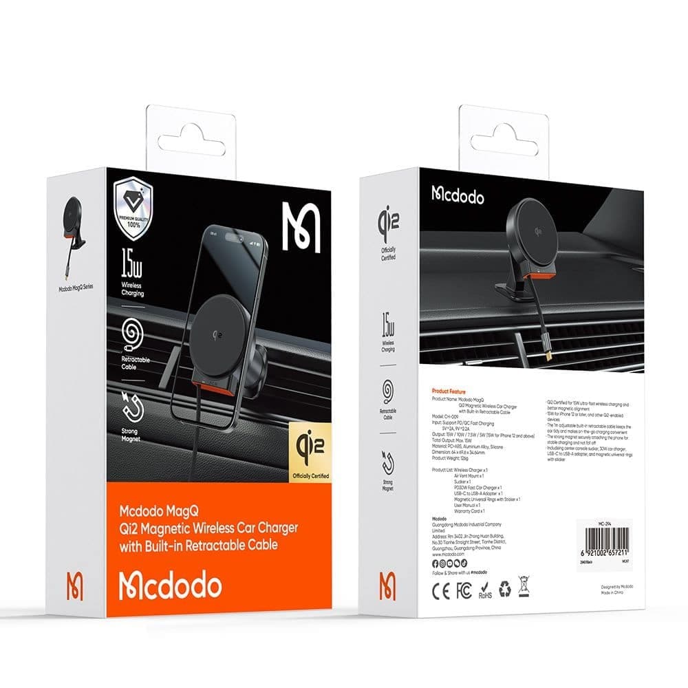 Mcdodo - Car Holder With Wireless Charging (ch-0091) - For Air Vent, 15w, Qi2, Built-In Retractable Καλώδιο - Desert Gold 7