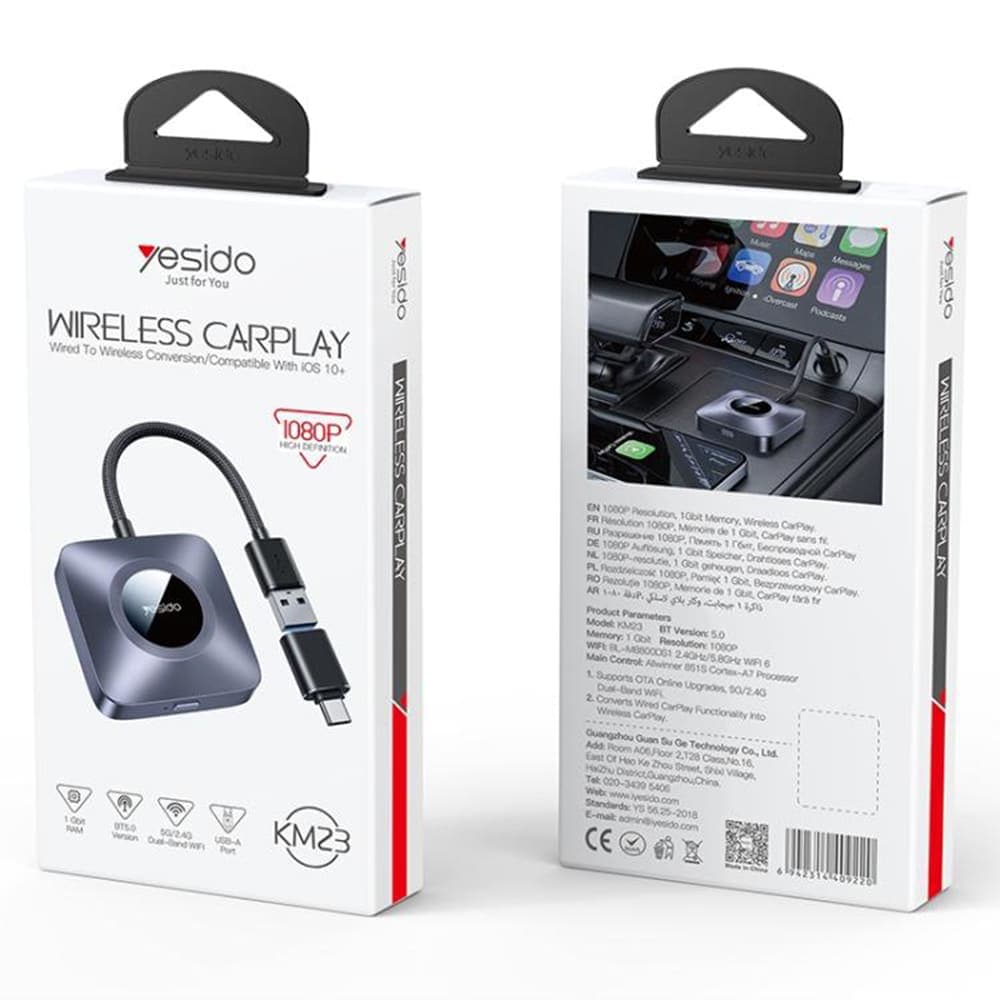 Yesido - Ασύρματος Αντάπτορας Carplay (km23) - Με Καλώδιο USB Σε Type-C, Bluetooth V5.0, 1080p - Γκρι 7