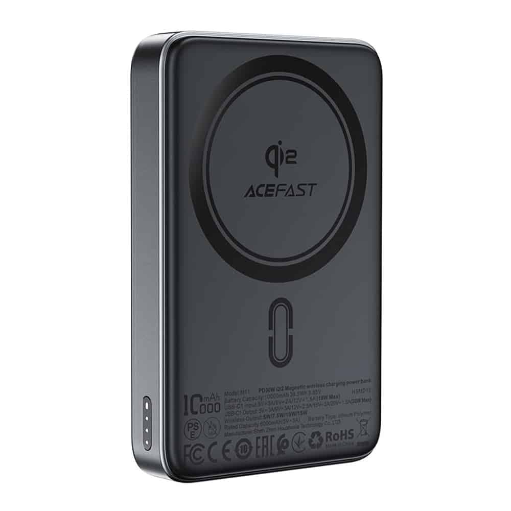 Acefast - Magnetic Power Bank (m11-10000) - Type-C, 10000mah, 38.5wh, Pd30w, Qi2 Certified, Led Indicator - Black