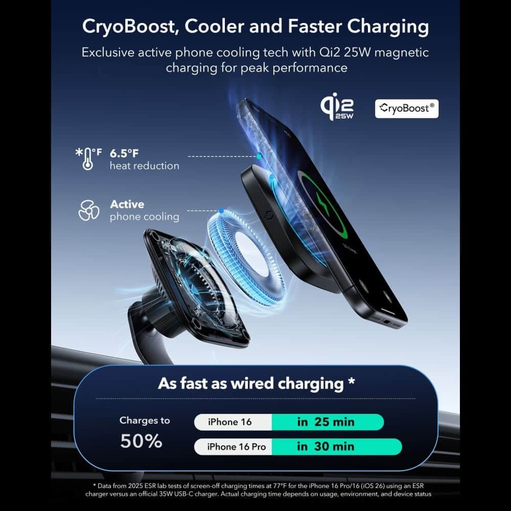 ESR Omnilock Cryoboost Magnetic Magsafe Vent Car Mount Wirlesss Charger Qi2.2 25w Black 4