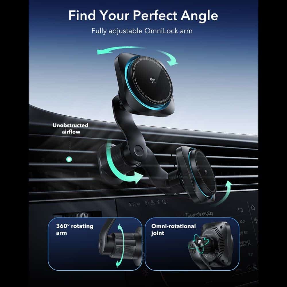 ESR Omnilock Cryoboost Magnetic Magsafe Vent Car Mount Wirlesss Charger Qi2.2 25w Black 6