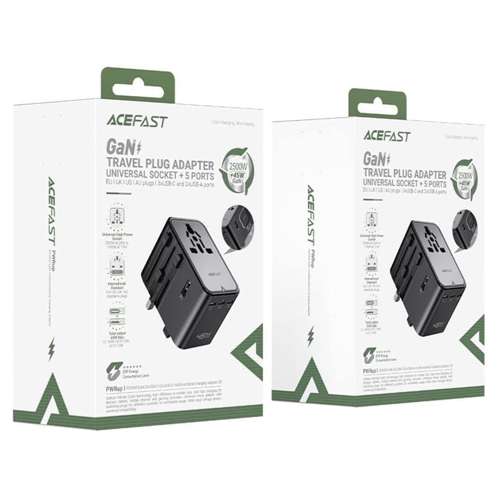 Acefast - Travel Adapter (z8) - 3x Usb-C, 2x Usb, Eu, Uk, Aus, Us, 45w, Gan Technology, Fast Charging - Black 7