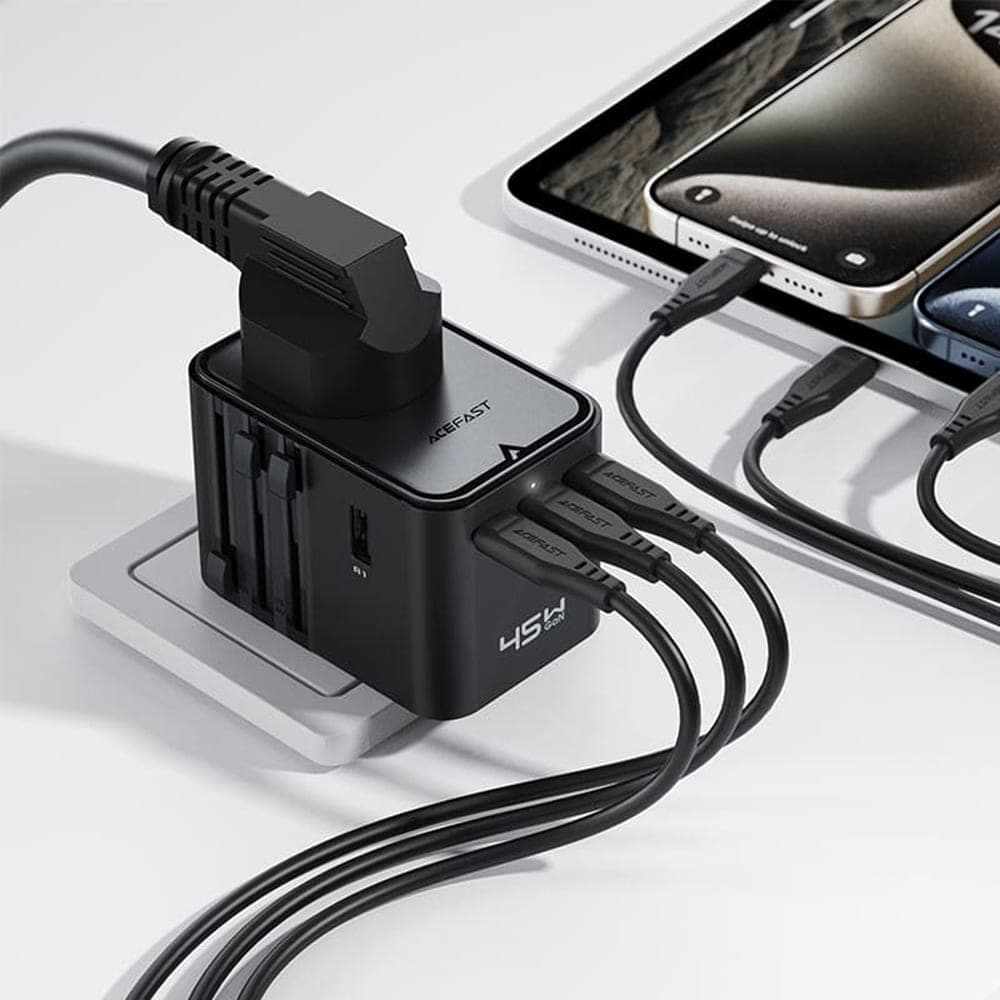 Acefast - Travel Adapter (z8) - 3x Usb-C, 2x Usb, Eu, Uk, Aus, Us, 45w, Gan Technology, Fast Charging - Black 5