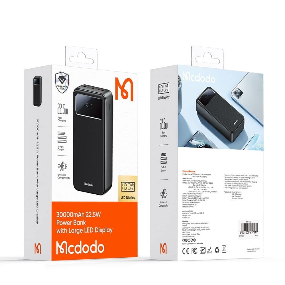 Mcdodo - Power Bank (mc-4240) - Type-C + 2x Usb-A Ports, 30000mah, 22.5w, Led Display - Black 7