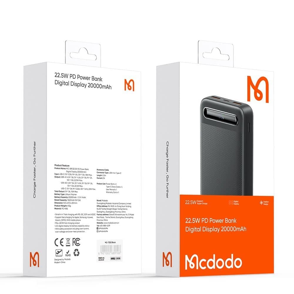 Mcdodo - Power Bank Star Series (mc-3891) - Usb-C + 2x Usb, 20000mah, 22.5w, Digital Display - Black 7