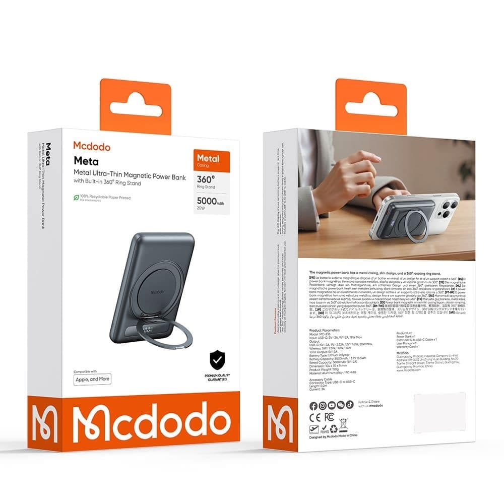 Mcdodo - Magnetic Power Bank Meta Series (mc-8361) - Built-In 360° Ring Stand, 5000mah, 20w, Digital Display - Dark Grey 7