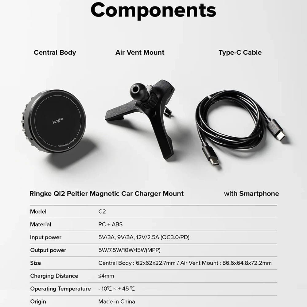 Ringke - Car Holder With Wireless Charging Peltier - Magnetic, Qi2, For Air Vent, 15w - Black 7