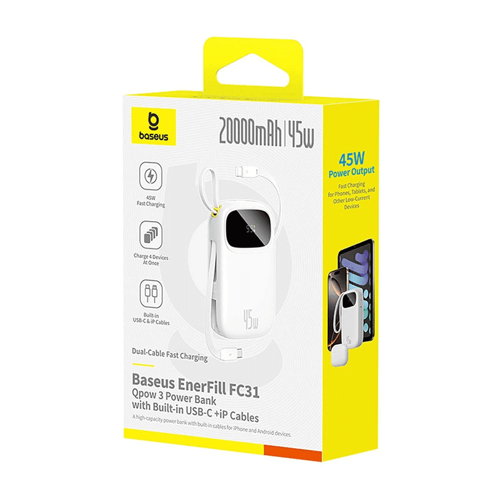 Baseus - Power Bank Enerfill Fc31 Qpow 3 (e0028c01) - Usb-C/lightning Cables, 10000mah, 45w, Digital Display - Moon White 7
