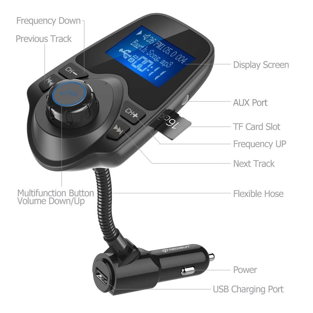 Techsuit - Fm Modulator Jamlink (mfm4) - Bluetooth, Jack 3.5mm, Tf Card, 10–24v - Black 3