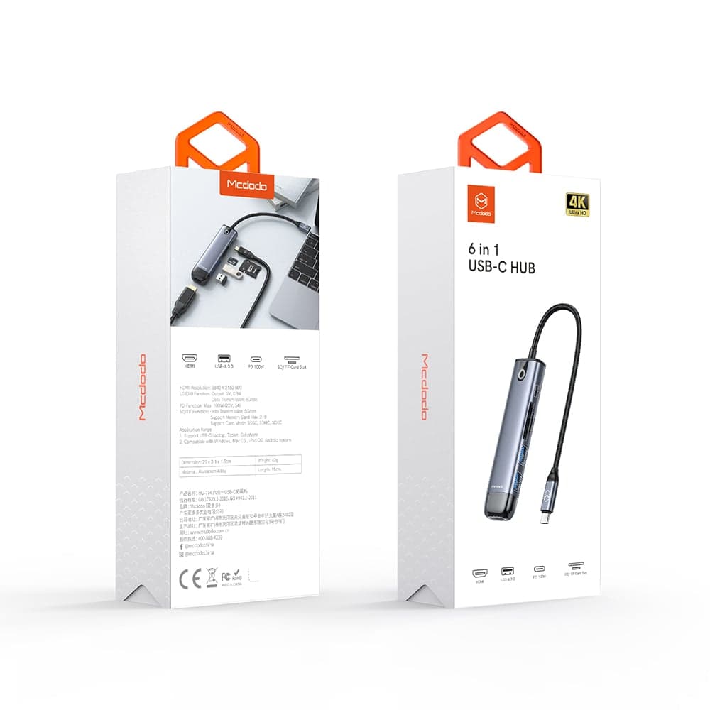 Mcdodo - Hub (HU-7740) - 6 σε 1, 2x USB3.0, Type-C PD100W, HDMI 4K, Υποδοχή κάρτας SD/TF, 5Gbps, 2TB, Καλώδιο Type-C - Γκρι 7