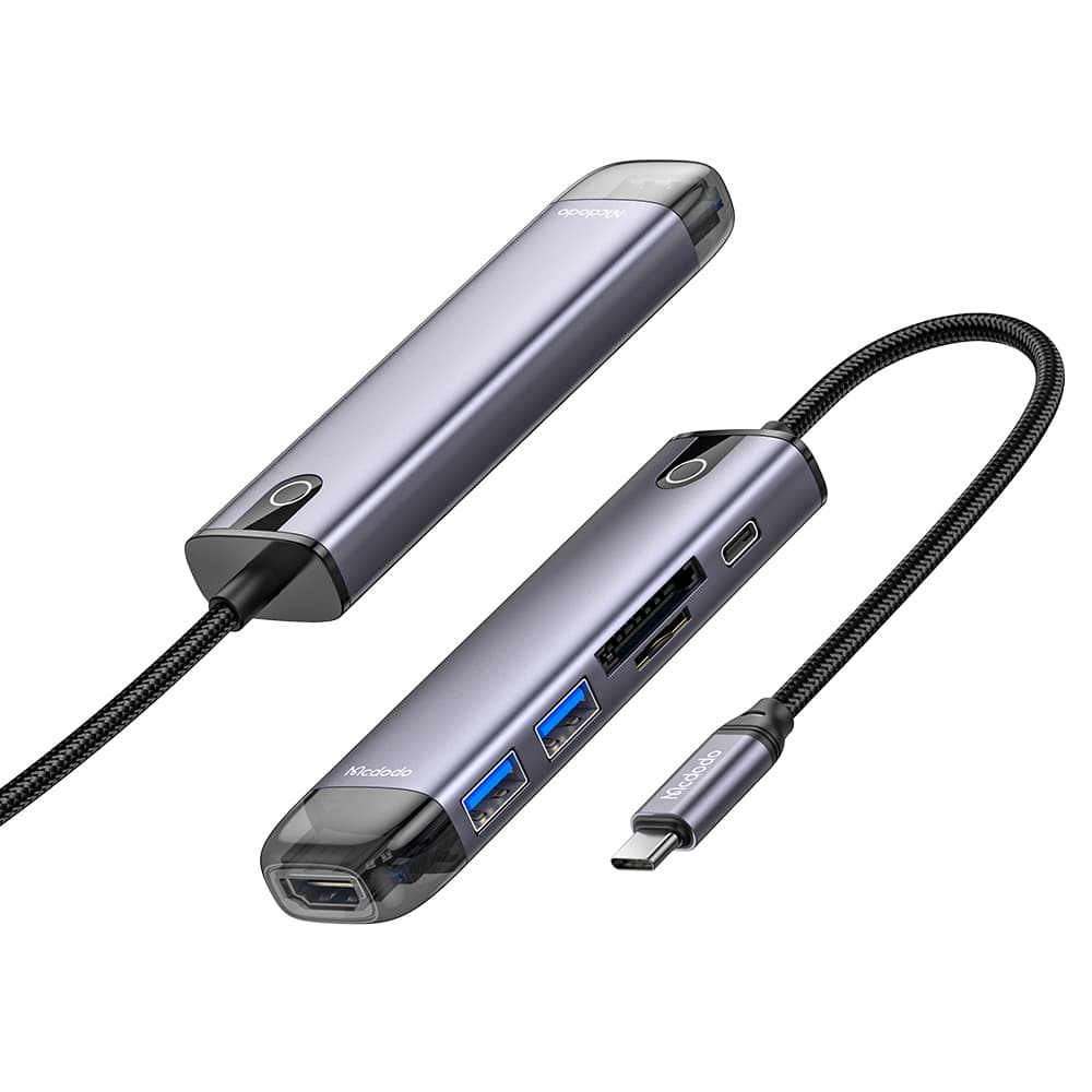 Mcdodo - Hub (HU-7740) - 6 σε 1, 2x USB3.0, Type-C PD100W, HDMI 4K, Υποδοχή κάρτας SD/TF, 5Gbps, 2TB, Καλώδιο Type-C - Γκρι