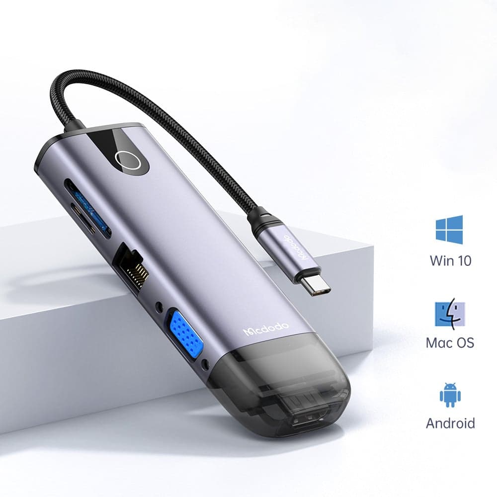 Mcdodo - Hub (HU-7420) - 10 σε 1, 2x USB2.0, 2x USB3.0, USB-C PD100W, VGA, HDMI 4K, LAN, Υποδοχή SD/TF, 5Gbps, Καλώδιο Type-C - Γκρι 7
