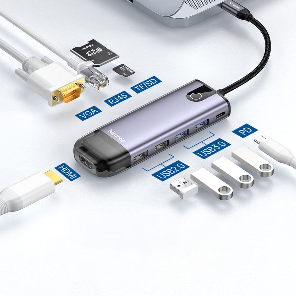 Mcdodo - Hub (HU-7420) - 10 σε 1, 2x USB2.0, 2x USB3.0, USB-C PD100W, VGA, HDMI 4K, LAN, Υποδοχή SD/TF, 5Gbps, Καλώδιο Type-C - Γκρι 3